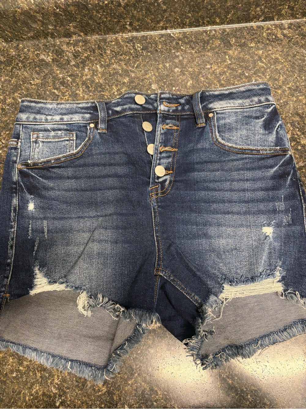 New with tags Risen High-Rise Distressed Denim Shorts - Dark Blue. Medium